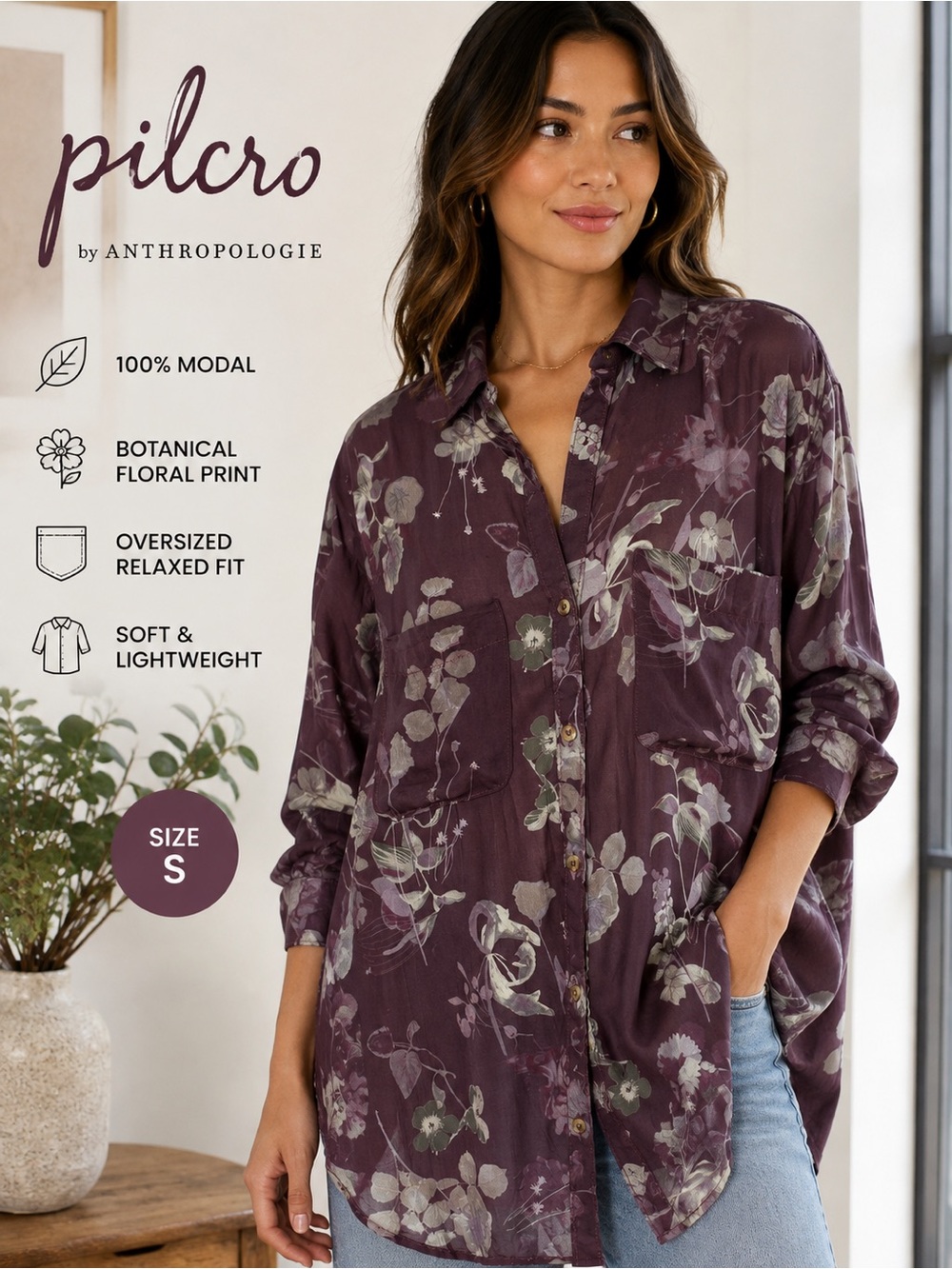 Pilcro Anthropologie Floral Button Down Shirt Plum Modal Oversized S